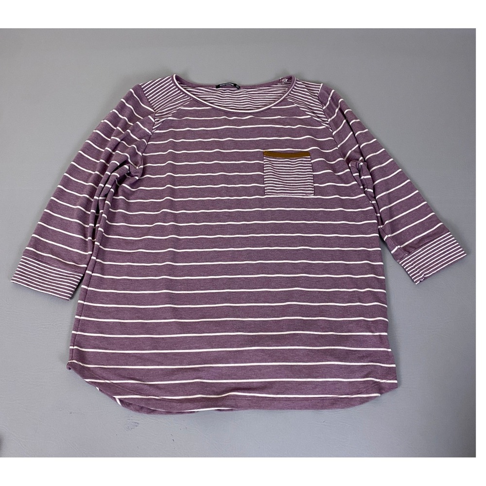 Pink Clover Top Women's Size XL Purple White Striped 3/4 Sleeve Pocket Boat Neck